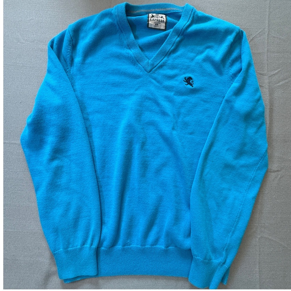 Express Mens V-Neck Sweater Turquoise Blue Cotton Lion Logo Knit M 42595  2145